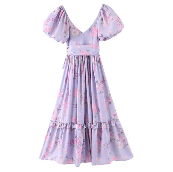 Lilac Floral Puff Sleeve High Waist Surplice Maxi Dress with Bow - Picture 7 of 16
